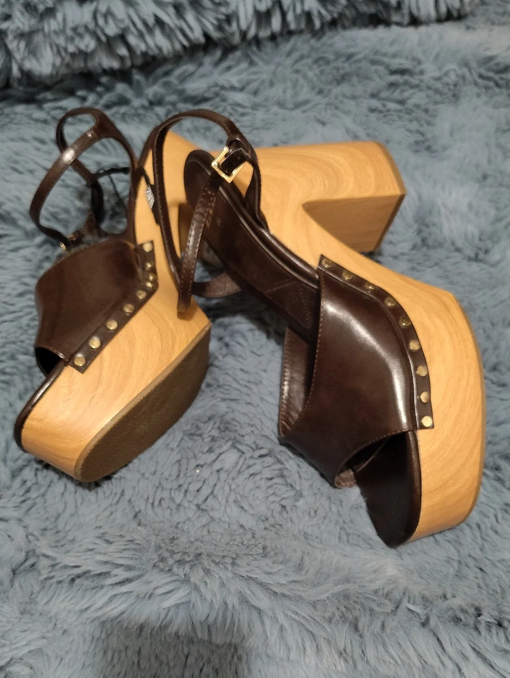 ZARA Dark Brown Leather Platform Sandals with Ankle Strap